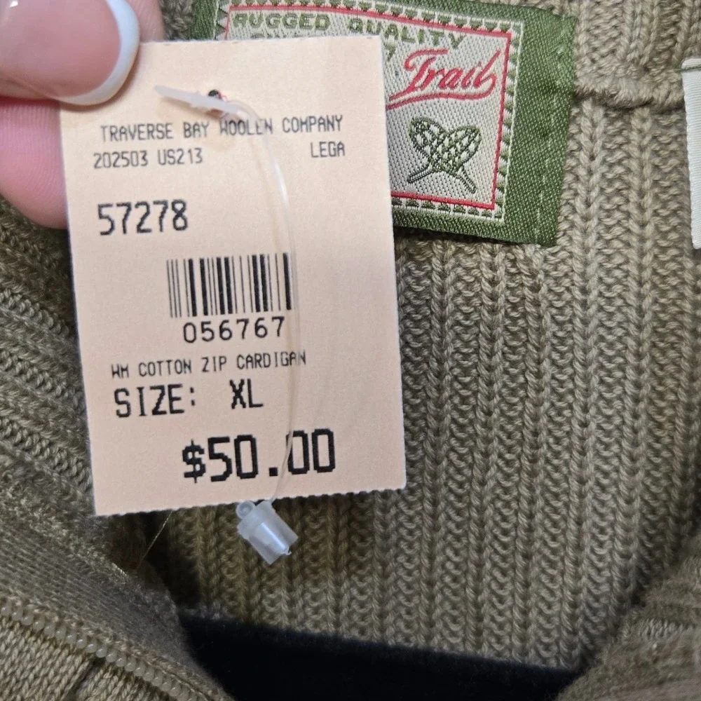 Leelanau Trail Cardigan Sweater XL Cotton Full Zip Rib‎ Knit Mock Neck Military